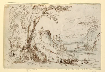 Zeichnung, Imaginäre Landschaft mit klassischen Ruinen, ca. 1845