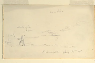 Zeichnung, Landschaft mit Windmühle, 29. Juli 1858