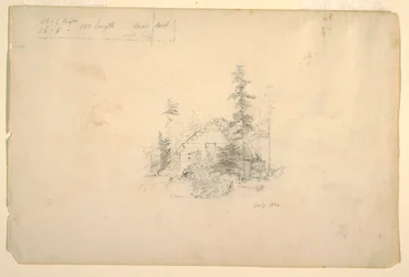 Blockhütte umgeben von Bäumen, Juli 1844