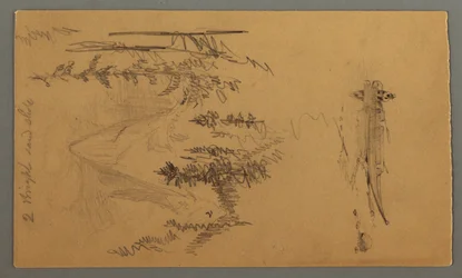 Zeichnung, Mann in einem Boot, Felsgipfel über Kiefern, möglicherweise 1868