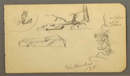 Zeichnung, Mann im Boot, Felsen, Baumstamm, Bäume, 1878