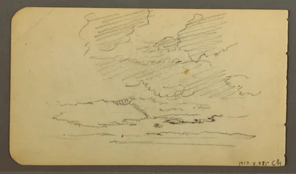 Zeichnung, Mann im Boot, Felsen, Baumstamm, Bäume, 1878