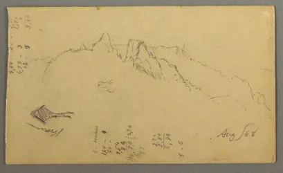 Zeichnung, Berggipfel, Wegesrand-Schrein, August 1868