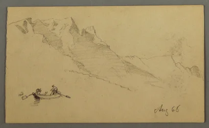 Zeichnung, Berggipfel, Zwei Figuren in einem Ruderboot, August 1868