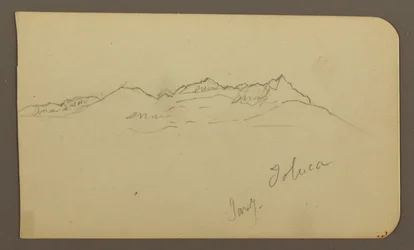 Zeichnung, Gebirgskette, Toluca; Rückseite: Kirchturm, Gebirgsketten, Toluca, 7. Januar 1885
