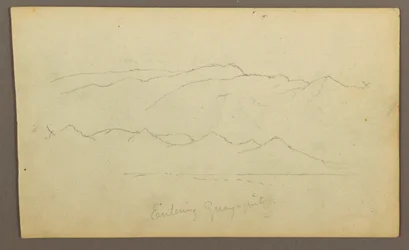 Zeichnung, Gebirgsketten "Einfahrt nach Guayaquil"; Rückseite: Flussufer, Botanische Skizzen, möglicherweise 1857