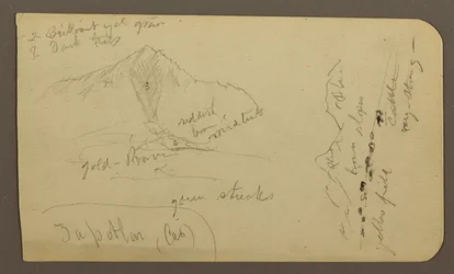 Zeichnung, Berg, Zapotlan; Rückseite: Bewaldeter Hang, Cuitzeo-See, Januar 1885
