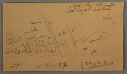 Zeichnung, Berge gegen eine Ebene, Zwei Regenbögen, Österreich oder Bayern, 1868