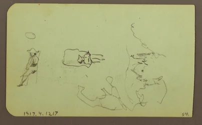 Zeichnung, Berge, Kirche; Rückseite: Figuren, Kirche, 1883