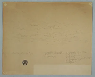 Zeichnung, Regen fällt aus einem bewölkten Himmel über Bergrücken, Hacienda Chillo, Ecuador, 27. Juli 1857