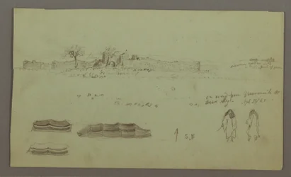 Ruinen umgeben von Mauern, Zelte, zwei Figurenstudien, 28. April 1868