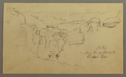 Zeichnung, Skizze. Blick auf Khirbet en Wasara "Petra / vom Pfad nach / El Deir", möglicherweise 26. Februar 1868