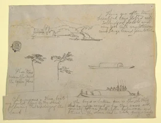 Zeichnung, Skizzen aus Kolumbien: Bäume und Flussfahrzeuge (Champans), 1853