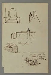 Zeichnung, Treppen, Dach mit Turm, Steinmauer, möglicherweise 1869