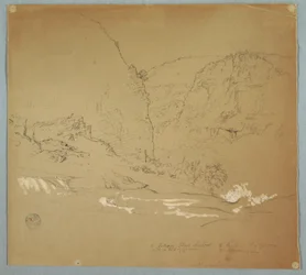 Zeichnung, Bach führt zum Rand der Wasserfälle in der Nähe von Hacienda Chillo, Ecuador, 26. Juni 1857