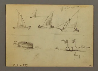 Zeichnung, Sonnenuntergang über dem Meer, Dampfschiff, möglicherweise 1868
