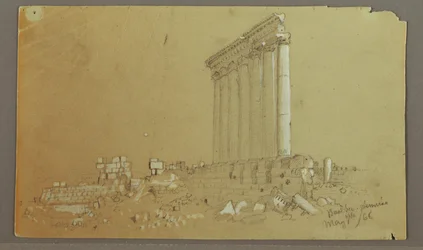 Zeichnung, Tempel des Jupiter bei Sonnenaufgang, Baalbek, 7. Mai 1868