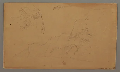 Zeichnung, Holzhaus, Zwei Segelboote, Dachstudien, möglicherweise 1868