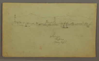 Zeichnung, Stadt an der Küste, Gebirgskette dahinter, 27. Mai 1868