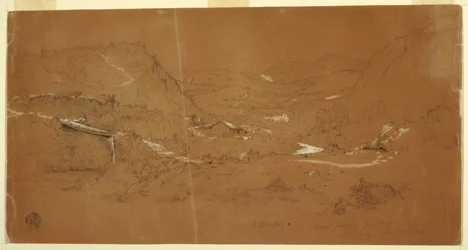 Tal mit einer Brücke und Häusern, nahe Guaranda, Ecuador, 5. Juni 1857