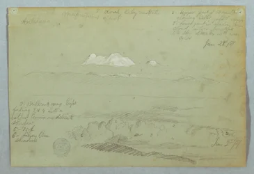 Ansichten des Artisana-Vulkans von oder nahe Quito und ein bewölkter Himmel über einem Bergrücken, Ecuador, 23. Juni 1857