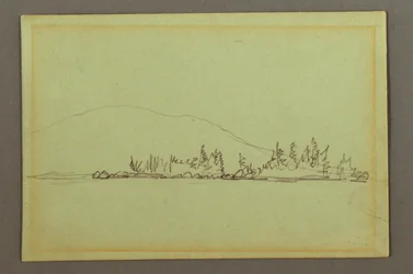 Zeichnung, Bewaldetes Ufer, Berg, möglicherweise 1856