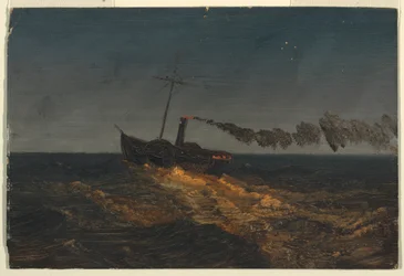Raddampfer bei Sonnenuntergang