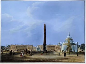 Ansicht des Luxor-Obelisken und der Brunnen, Place de la Concorde - aus „Paris 1832“ von Martens, herausgegeben von Weith und Hauser