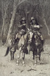 Cheyenne-Scouts patrouillieren im großen Wald des Nordkanadiers, Oklahoma, 6. April
