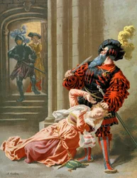 Blaubart versucht, seine Frau zu töten, ca. 1890 (Illustration)