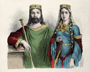 Chlodwig (481-511), König der Franken, mit seiner zweiten Ehefrau, der heiligen Chlothilde (Clotilde), Königin. Stich von Lix.