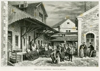 Molkerei in der Milchhalle von Mulhouse. Gravur von Lix zur Illustration der Geschichte „Durch Elsass und Lothringen“ von Charles Grad, deutscher Abgeordneter, 1885, in Le Tour du monde 1887, unter der Leitung von Edouard Charton (1807-1890), Hachette, Par