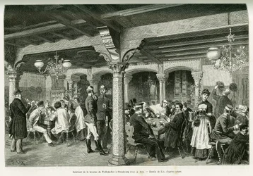Innenansicht der Tiefenkeller-Taverne in Straßburg. Gravur von Lix zur Illustration der Geschichte „Durch Elsass und Lothringen“ von Charles Grad, veröffentlicht in Le Tour du monde 1888