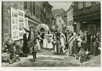 Klageliedersänger in den Straßen von Barr. Gravur von Lix zur Illustration der Geschichte „Durch Elsass und Lothringen“ von Charles Grad, veröffentlicht in Le Tour du monde 1888
