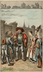 Volkslied: „Es war Anne von Bretagne“. Königin von Frankreich Anne de Bretagne (1477-1514), bei ihrer Ankunft in Rennes, erhält einen Strauß Eisenkraut. Illustration von Frederic Theodore Lix (1830-1897) in „Chansons et rounds enfantines des provinces de l