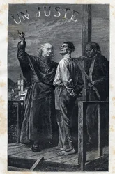 Der Bischof Myriel begleitet einen zum Tode Verurteilten, der auf das Schafott steigt - Illustration von Frederic Theodore Lix (1830-1897) für „Die Elenden - Erster Teil: Fantine“ von Victor Hugo (1802-1885) 1862