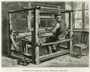 Weber im Liepvre-Tal. Gravur von Lix zur Illustration der Geschichte „Durch Elsass und Lothringen“ 1887, von Charles Grad, deutscher Abgeordneter, in Le Tour du monde 1888, herausgegeben von Edouard Charton (1807-1890), Hachette, Paris.