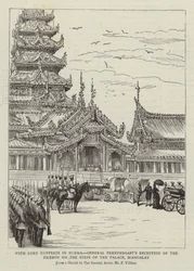 Mit Lord Dufferin in Burma, General Prendergasts Empfang des Vizekönigs auf den Stufen des Palastes, Mandalay