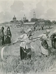 Ein Kloster in Nowgorod: Nonnen beim Heumachen