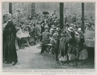 Ein Bankett für Jungen und Mädchen der Armenschule (Lithografie)