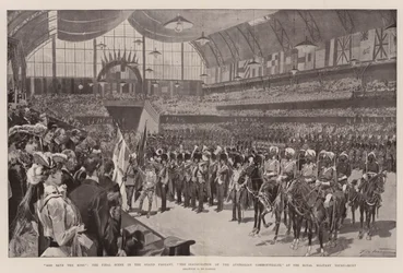 Gott schütze den König, die letzte Szene im großen Festzug, die Einweihung des australischen Commonwealth, beim Royal Military Tournament
