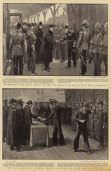 Die Abreise des Herzogs von Cornwall und York, die Ankunft des Königs und der königlichen Gesellschaft in Portsmouth, der König verleiht viktorianische Orden und Medaillen an Marineoffiziere und -männer