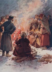 Die Armen von Moskau wärmen sich im Winter an Straßenfeuern