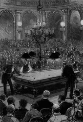 Das große internationale Billardspiel zwischen Mr. Slosson, amerikanischer Meister, und Mr. Vignaux, französischer Meister, im Zodiaque-Saal des Grand Hotel de Paris