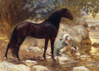 Ein Araber tränkt sein Pferd an einem Fluss, ca. 1890-1900