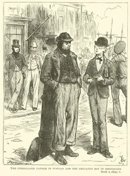 Der ungebildete Vater in Fustian und der gebildete Junge mit Brille