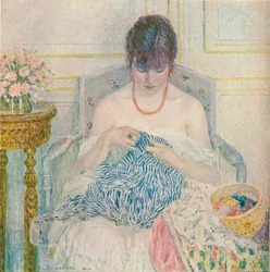 Ein Mädchen beim Nähen, um 1894-1914