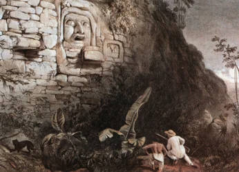 Jäger und sein Führer vor dem Maya-Kopf von Itzam Na