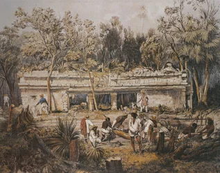 Die Archäologen Frederick Catherwood und John Lloyd Stephens bei der Vermessung des Tempels von Tulum, Yucatán, Mexiko, Illustration aus „Ansichten antiker Monumente in Mittelamerika, Chiapas und Yucatán“