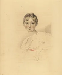 Porträt von Lucy Meredith, Nichte von Sir Thomas Lawrence. Junges Mädchen im weißen Kleid mit rosa Schleifenband. Handkolorierte Gravur von Frederick Christian Lewis nach einer Illustration von Sir Thomas Lawrence aus P.G. Patmore